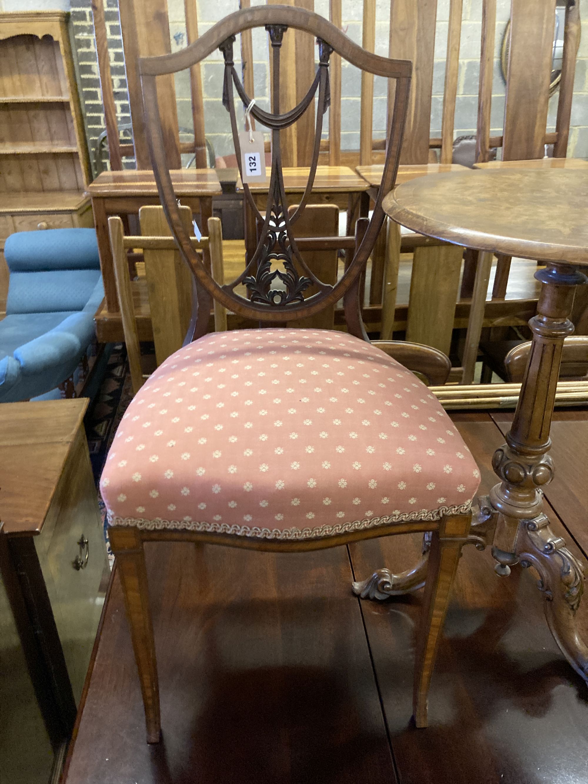 A Victorian burr walnut circular tripod wine table, 48cm diameter, height 70cm and an Edwardian satinwood banded salon chair